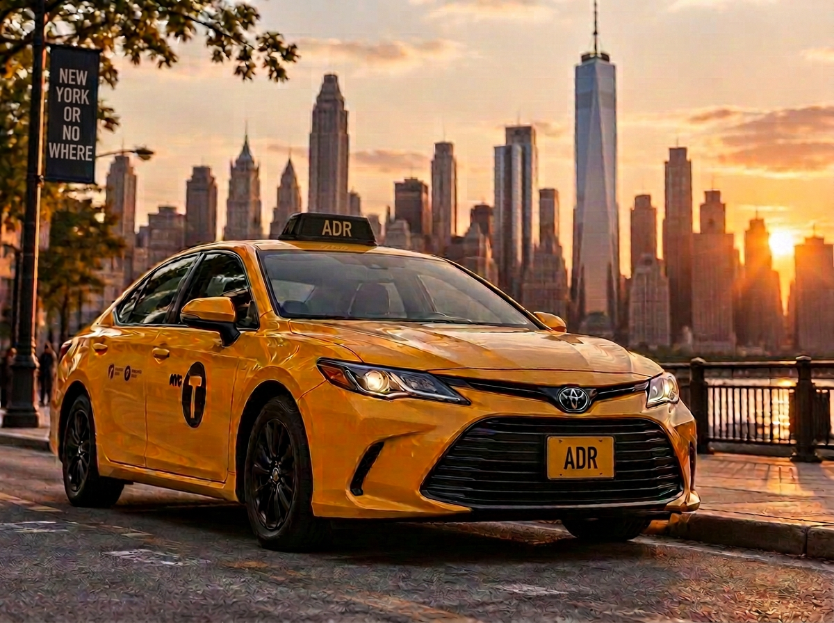 Yellow NYC taxi with Manhattan skyline